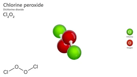 Molecule of chlorine peroxide Cl2O2. White back. 3D render Stock Footage 286233758