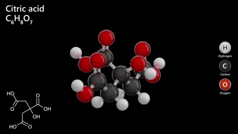 Molecule of Citric Acid. Organic weak acid. Black back. 3D render 스톡 동영상 294754278