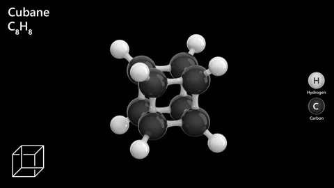 Molecule of Cubane, is a unique hydrocarbon. C8H8.  Black back. 3D render Stock Footage 288350642