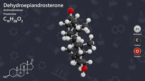 Molecule of Dehydroepiandrosterone (C19H28O2) or DHEA Dark back. 3D render. Stock Footage 287597983