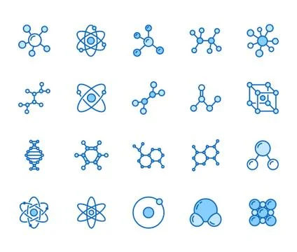 Molecule flat line icons set. Chemistry science, molecular structure, chemical Illustrazione stock