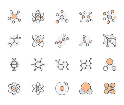 Molecule flat line icons set. Chemistry science, molecular structure, chemical Illustrazione stock