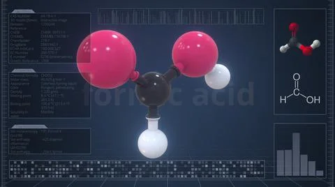 Molecule of formic acid with infographics on the computer monitor, 3d rendering Stock Illustration