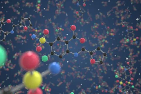 Molecule of Furosemide. Molecular model, science related 3d rendering Stock Illustration