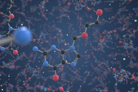 Molecule of generic Aciclovir. Molecular model, science related 3d rendering 스톡 사진