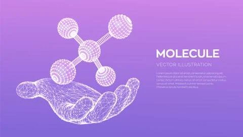 Molecule in hand. Dna, atom, neurons. Molecules and chemical formulas. 3D Sci Stock Illustration