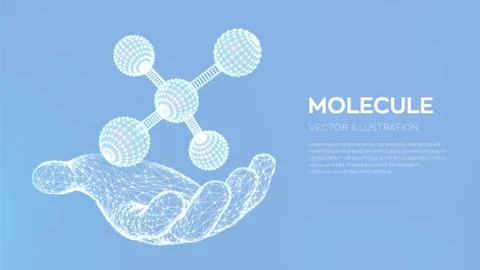 Molecule in hand. Dna, atom, neurons. Molecules and chemical formulas. 3D Sci Stock Illustration