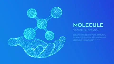 Molecule in hand. Dna, atom, neurons. Molecules and chemical formulas. 3D Sci Stock Illustration