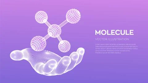 Molecule in hand. Dna, atom, neurons. Molecules and chemical formulas. 3D Sci Stock Illustration