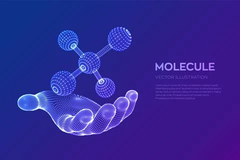 Molecule in hand. Dna, atom, neurons. Molecules and chemical formulas. 3D S.. Stock Illustration