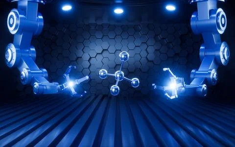 Molecule with mechanical arms in the neon background, 3d rendering. Illustrazione stock