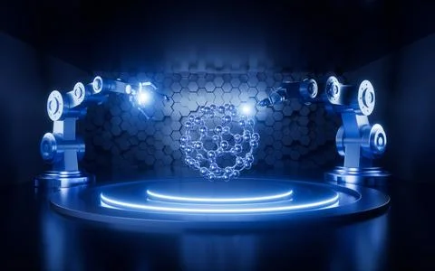 Molecule with mechanical arms in the neon background, 3d rendering. 스톡 일러스트