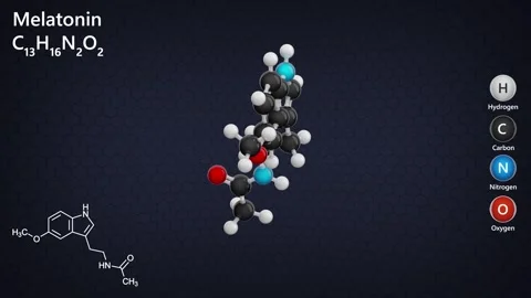 Molecule of Melatonin (C13H16N2O2). Dark back. 3D render Vídeo Stock 287598144