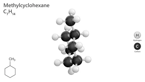 Molecule of Methylcyclohexane (C7H14). White background. 3D rendering Stock Footage 288577395