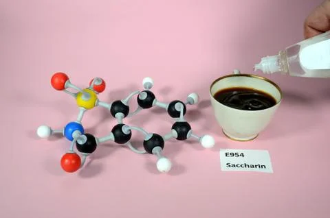 Molecule model of E954 Saccharin an artifical sweetener Stock Photos