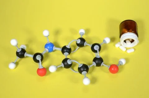 Molecule model of Paracetamol, the active ingredient in many pain killers. Stock Photos