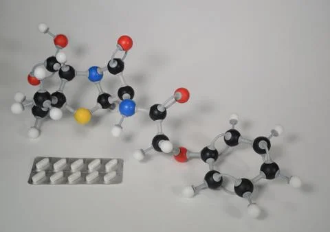 Molecule model of Penicillin V with sample. Stock Photos