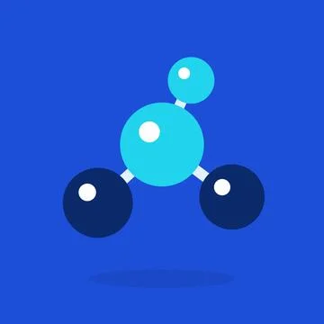 Molecule model with three glossy atoms and chemical bonds in flat design on イラスト素材
