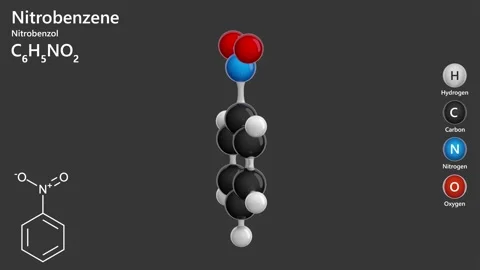 Molecule of Nitrobenzene (C6H5NO2). Gray back. 3D render. Seamless loop Stock Footage 288479016