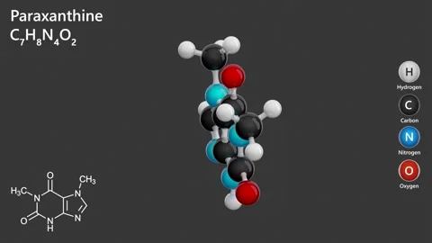 Molecule of Paraxanthine (C7H8N4O2). Gray background. 3d render Stock Footage 287481613