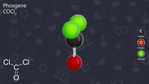 Molecule of Phosgene (COCl2). Dark background. 3D render Vídeo Stock 287305594