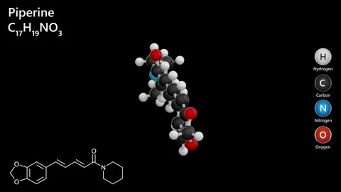 Molecule of Piperine (C17H19NO3). Model: Ball and Stick. Black back. 3d render Stock Footage 287481618