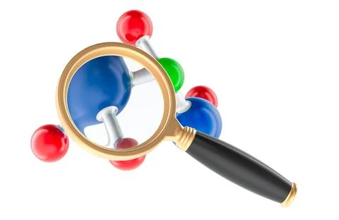 Molecule research concept with magnifying glass. 3D rendering Stock Illustration