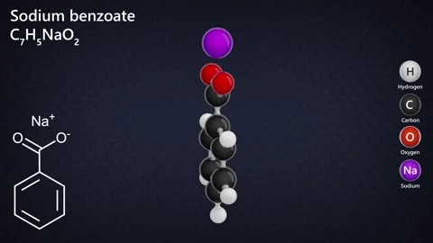 Molecule of Sodium. C7H5NaO2. Dark background. 3D rendering. Stock Footage 288325734