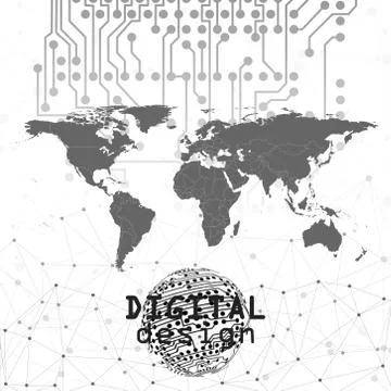 Molecule structure, gray world map background for communication, vector Illustrazione stock