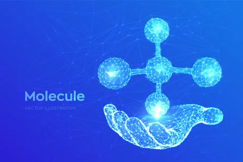 Molecule Structure. Low poly abstract Molecule in hand. Dna, atom, neurons. M Stock Illustration