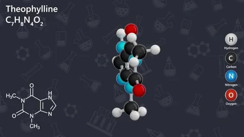 Molecule of Theophylline (C7H8N4O2) . Dark background. 3d render Stock Footage 287340830