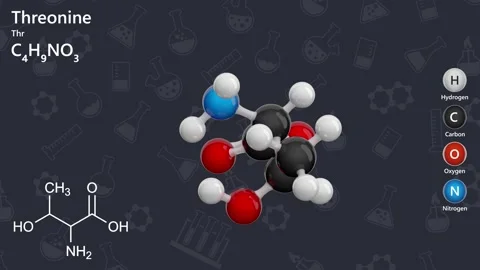 Molecule of Threonine (C4H9NO3) . Dark background. 3D rendering Stock Footage 288092759