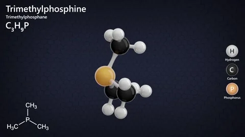 Molecule of Trimethylphosphine (C3H9P). Dark background. 3D rendering Vídeo Stock 288350629