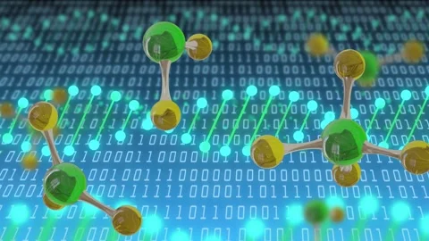 Molecules appearing, drifting, rotating, approaching, pulsing nodes, showing Stock Footage 334768730