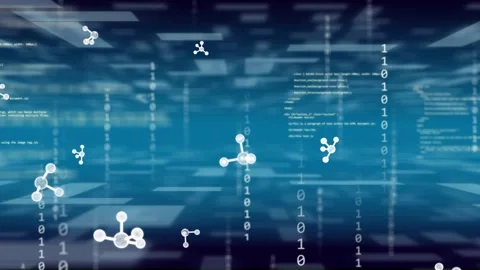 Molecules emerging forward, drifting across blue grid, revealing binary columns, Stock Footage 335739456