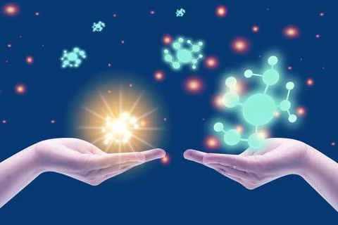 The molecules technology concept between hands of a man in background Stock Photos