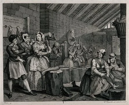Moll Hackabout, dressed in fine clothes, is beating hemp, used for making r.. Stock Illustration