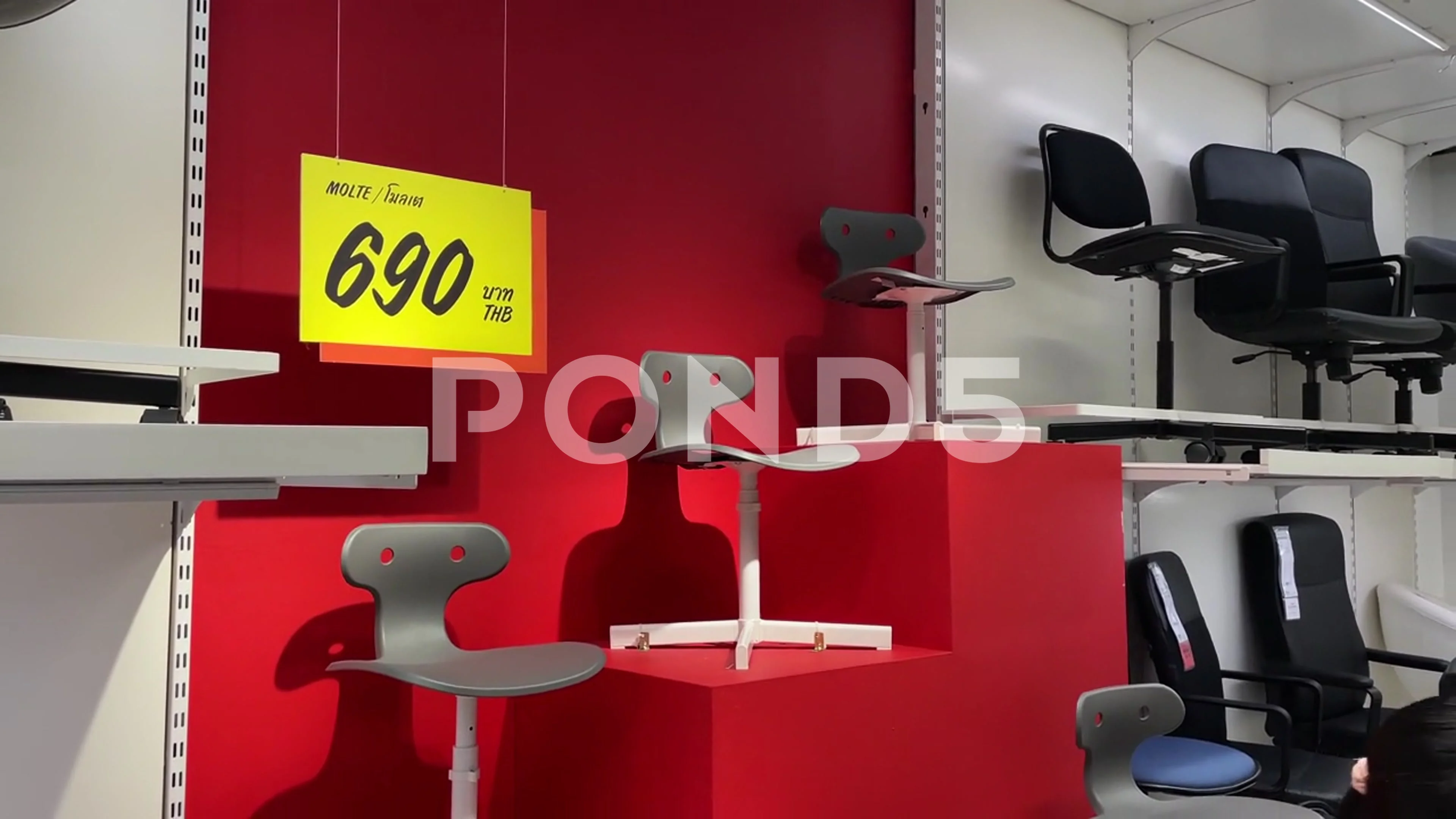 MOLTE Desk chair exhibit at IKEA Store black and grey chair on red background