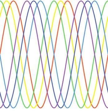 Molte onde a forma sinusoidale con frequenza identica su sfondo bianco Stock Photos