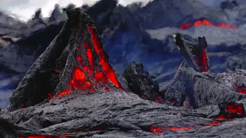 Molten Lava Flowing Down Volcanic Spires During an Eruption Stock-Footage 341645499
