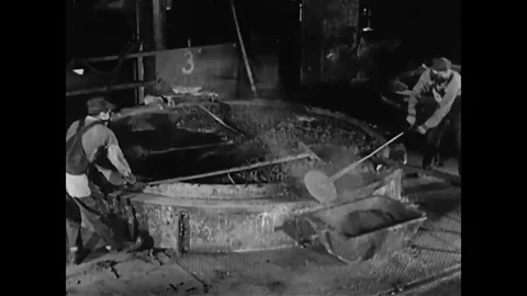 Molten lead undergoes a process to remove impurities in Missouri in 1948. Stock Footage
