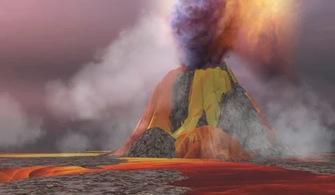 Molten magma flows from an erupting volcano. Stock Illustration