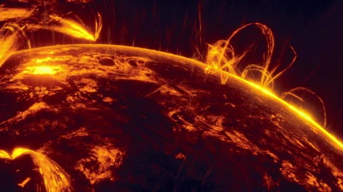 Molten textured surface supports glowing arcs and energetic ribbons dancing Stock Footage 343626536
