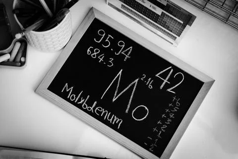 Molybdenum and symbol structural formula chemical on the blackboard 写真素材