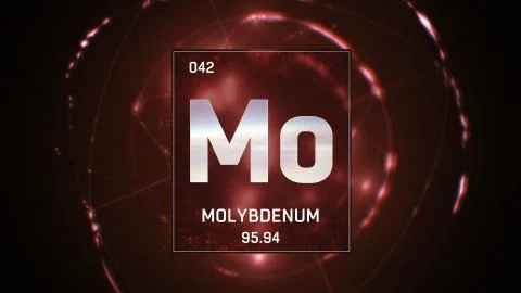 Molybdenum as Element 42 of the Periodic Table 3D illustration on red background Stock Illustration