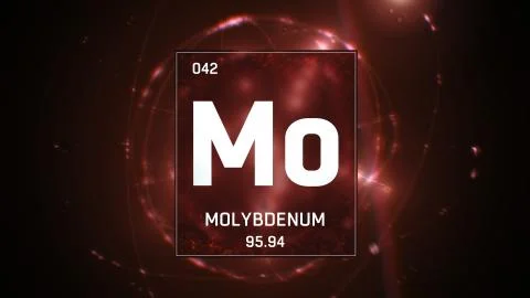 Molybdenum as Element 42 of the Periodic Table 3D illustration on red background Stock Illustration
