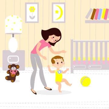 Mom and baby in the childrens room. The first seps of the child Stock Illustration