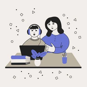 Mom and child are doing homework with a laptop Stock Illustration