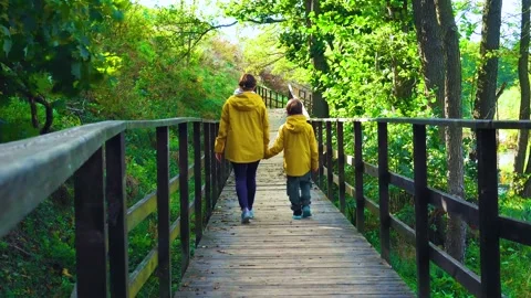 Mom and son, dressed in the same color, are walking along a wooden path Video stock 168510907