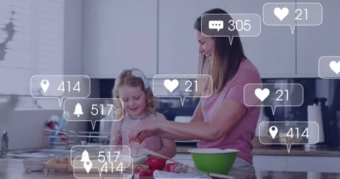 Mom guiding child cracking egg at counter, social icons peaking over hands then Stock Footage 334179273